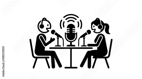 Podcast Recording Icon Two People at Table with Microphone
