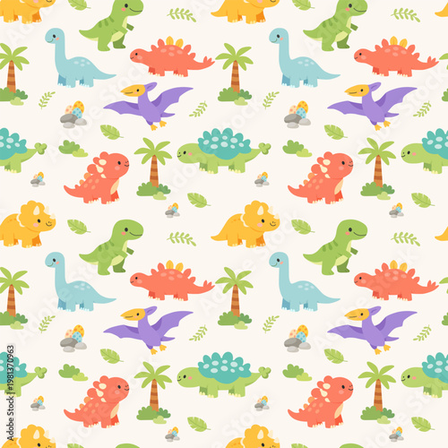 Seamless pattern with cute dinosaurs, palm trees and eggs in flat cartoon style for kids and nursery design