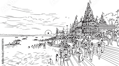 Black and white ink sketch of crowded temple festival with ornate architecture and lively atmosphere