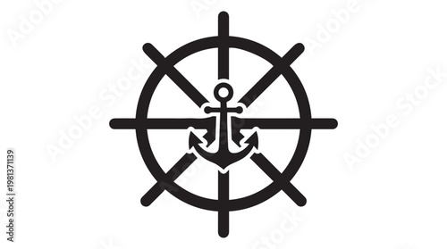 Black and white nautical ship wheel anchor emblem isolated on transparent background