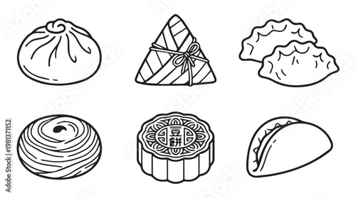 hand drawn set of six asian dumplings and dim sum icons in black and white line art style