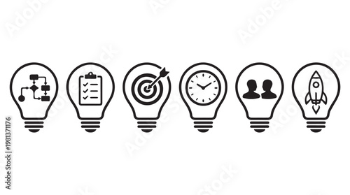 Six minimalist lightbulb icons with business and innovation concepts on tansparent background