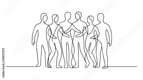 Group of six diverse people holding hands in unity line drawing on tansparent background