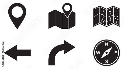 Minimalist black navigation and location icons set on tansparent background for UI design and travel apps