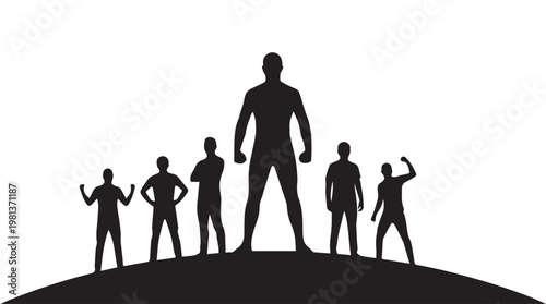 Silhouette of leader guiding team on mountain peak at sunset with motivational concept