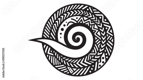 Minimalist black and white spiral shell icon in continuous line art style for logo design