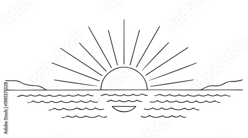 Hand drawn sunrise over calm ocean waves with reflection and horizon line illustration