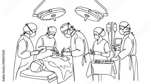 Vintage surgical team performing operation in historical medical illustration style