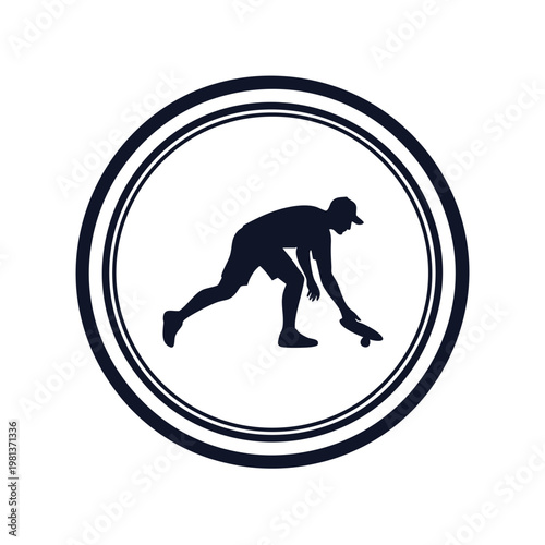A dark blue silhouette of a man in a crouched position holding a bowling ball within a circular frame on a white background.