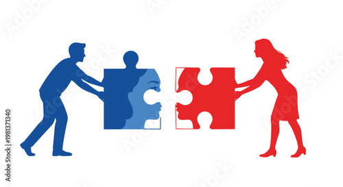 Two figures one blue and one red are connecting puzzle pieces to form a human face