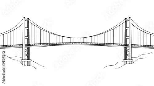 Black and white line drawing of iconic suspension bridge over calm water with structural cables and towers