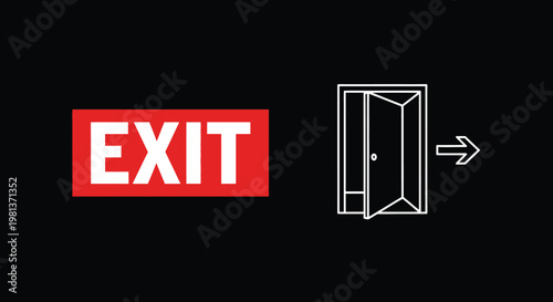 A stark illustration depicts a red exit sign alongside a white outline of an opening door