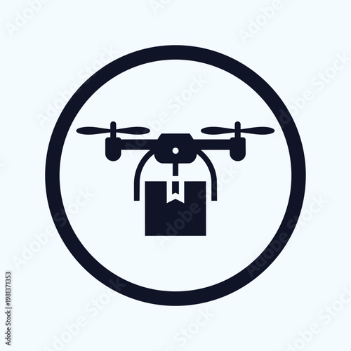 A drone delivering a package with a ribbon attached to it within a circle on a light blue background.