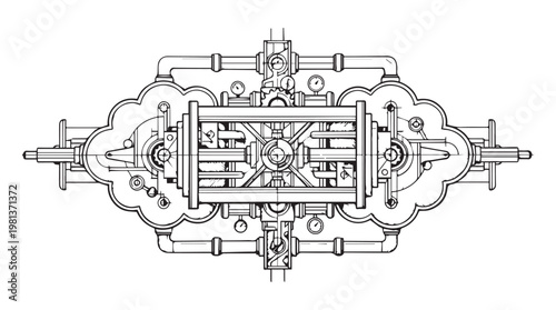detailed vintage mechanical engine blueprint illustration with gears and pistons