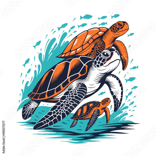 A colorful vector illustration of a sea turtle swimming with a smaller turtle in the ocean water