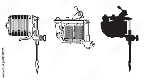 Vintage tattoo machine diagram with detailed mechanical parts and tools illustration