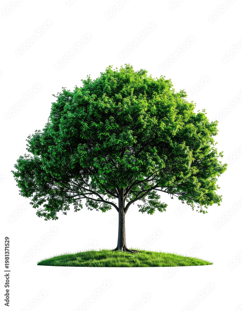 Fototapeta premium Green leafy tree on a grassy hill, with a black background