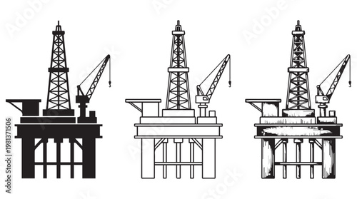 Three industrial oil drilling rigs in black and white line art illustration for energy sector