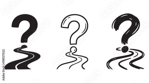 Three stylized question mark figures with curved lines symbolizing confusion or decision making