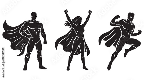 Three dynamic superhero silhouettes in action pose against minimalist background, bold contrast illustration