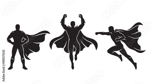 Three superhero silhouettes flying in dynamic poses against plain background, dramatic action concept
