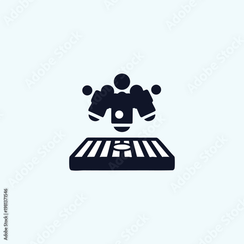 A black silhouette illustration of a robotic arm with three fingers picking up a circular object from a striped platform with a central hole on a light blue background.