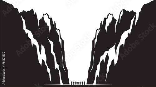 Silhouette of diverse people standing on reflective surface against jagged mountain backdrop at dusk