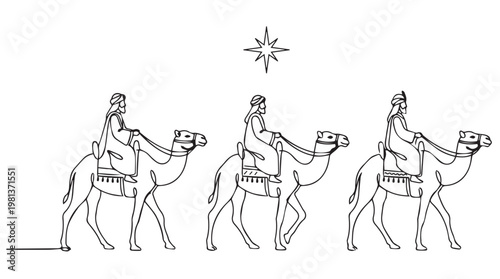Three wise men on camels traveling under starry night sky illustration