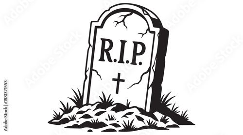 Hand drawn gravestone with R.I.P. inscription and cross on snowy ground, memorial illustration