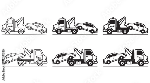 Flat line art illustration of tow trucks towing damaged cars in various recovery scenarios