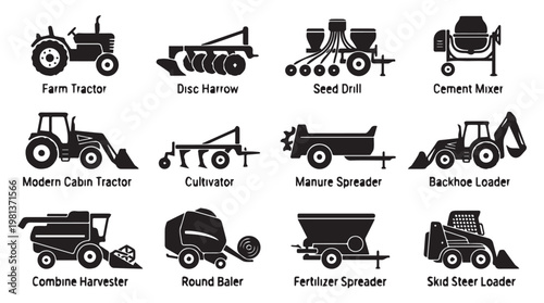 Collection of 10 Essential Farming Machinery Icons in Flat Design for Agricultural Education and Marketing