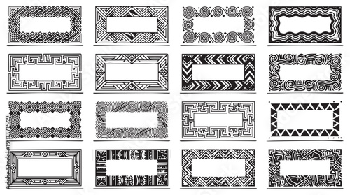 Set of 12 intricate black and white tribal frame borders for design and decoration