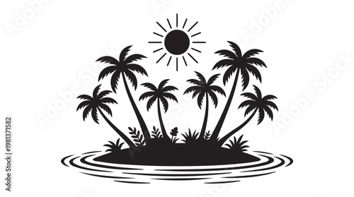 Minimalist tropical island silhouette at sunset with palm trees and golden sun reflection on water