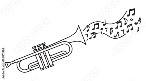 Black and white line art of trumpet with floating musical notes, minimalist music concept illustration