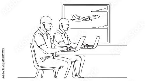 Business professionals discussing travel plans on laptop in modern office with airplane window view