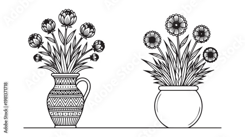 Black and white line art of two potted dahlia flowers in decorative vases isolated on plain background