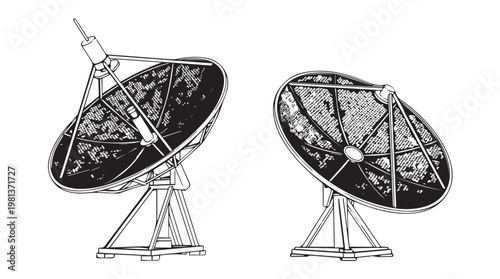 Dual satellite dishes in technical line art illustration for communication and technology concepts