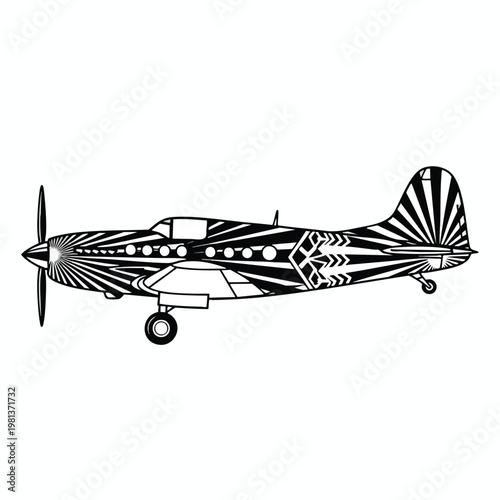 Vintage Military Aircraft Illustration with Detailed Black and White Design