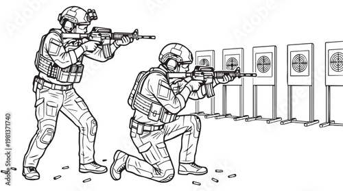 Military training exercise with two soldiers aiming rifles at target range in tactical gear