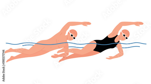 Two female swimmers racing in synchronized freestyle stroke illustration on tansparent background