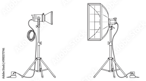 Technical diagram of studio lighting setups with softbox and reflector for professional photography