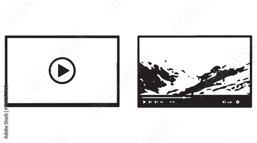 Black and white video player interface on screen with snowboarding action clip preview