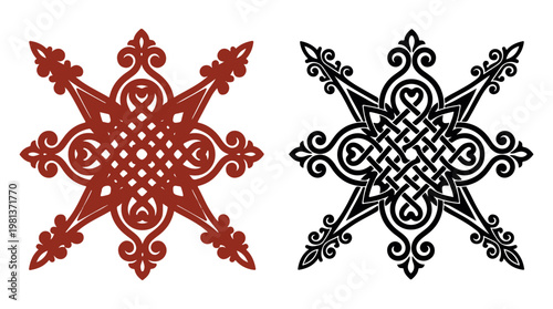 Elegant symmetrical ornate knotwork design in red and black vector illustration