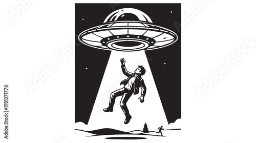 silhouette of person being abducted by ufo with bright beam of light in night sky sci fi concept