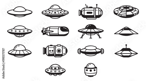 Collection of black and white line art UFOs and futuristic spacecraft vector illustrations