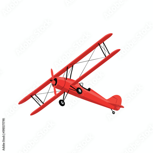 Red Model Biplane Flying in Clear Sky with Bright Sunlight