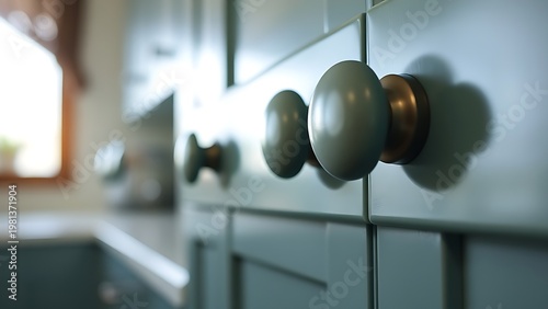 bakelite. Close-up of Art Deco style bakelite knobs on kitchen cabinet, vintage aesthetic. product launch decks, UI/UX mockups, designed for product launches and innovation pitches, clarifies data.