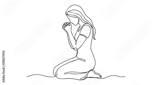 Woman in white dress kneeling in contemplation on plain background, minimalist emotional illustration