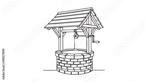 Line drawing of traditional brick and wood water well with shingle roof in rustic outdoor setting
