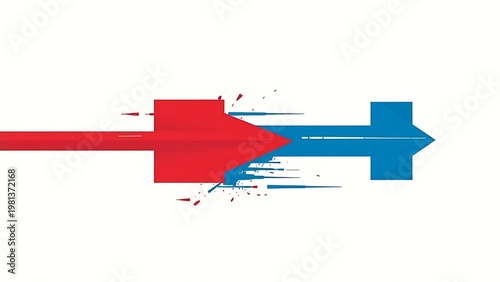 reprisal. A sharp red arrow deflecting a blue arrow on a neutral background. event key visuals, club posters, designed for fitness apps and gym onboarding.